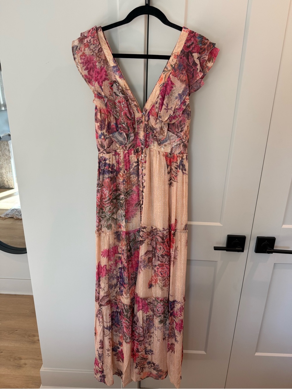 HEMANT & NANDITA Pink Floral V-Neck Tiered Maxi Dress